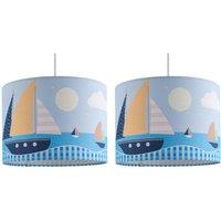 First Choice Lighting Set of 2 Sailing Boats Scene - Blue 25cm Easy Fit Pendant Shades