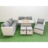 Fimous 10 Seater Poly Rattan Outdoor Garden Furniture Firepit Dining Table Sofa Set Patio 3 Seater Sofa Reclining Chair 3 Seater Sofa 3 Stools Light