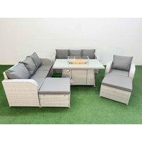 Fimous 9 Seater Poly Rattan Outdoor Garden Furniture Firepit Dining Table Sofa Set Patio 3 Seater Sofa Reclining Chair 3 Seater Sofa 2 Big Footstools