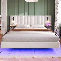 Matteo Upholstered Bed, Adults Teenagers King Bed 2 Bedside Lamps, Headboard Storage Function in White | Size: Double