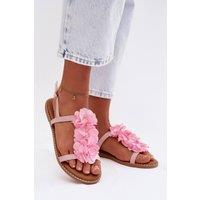 Love Lace Women's Shiny Thread Sandals with Decorative Flower Accents & Buckle in Pink | Size: 6.5