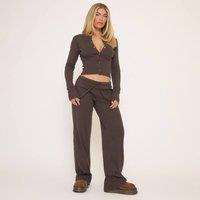 EGO Women's Straight Leg Ribbed Mid Rise Trousers in Chocolate | Size: 16