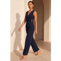 Roman Women's Petite V-Neck Full Length Jumpsuit in Navy | Size: 18