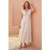Roman Women's Brocade Frill V-Neck Dress in Ivory | Size: 10