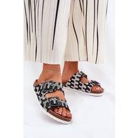 Love Lace Women's Patterned Cork Platform Slippers with Sequin Buckle Straps in Black | Size: 7.5