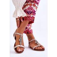 Love Lace Women's Snake Rhinestone Flat Sandals with Adjustable Buckle Strap in Beige | Size: 7.5