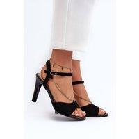 Love Lace Women's Faux Suede Chain Stiletto Heel Sandals With Adjustable Buckle in Black | Size: 6.5