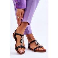 Love Lace Women's Flat Snake Rhinestone Sandals with Adjustable Buckle Strap in Black | Size: 3.5