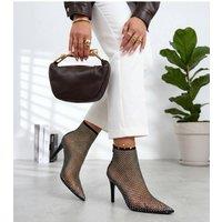 Love Lace Women's Mesh Ankle Boots Pointed Toe Back Zip Heel with Zircons in Black | Size: 6.5