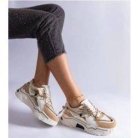 Love Lace Women's Sport Sneakers with Rhinestone Laced Detail & White Sole in Beige | Size: 6.5