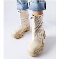 Love Lace Women's Suede Cuff Winter Snow Boots Slip On Flat Heel Round Toe in Beige | Size: 6.5