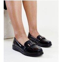 Love Lace Women's Mocassin Patent Loafers with Decorative Strap & Rubber Sole in Black | Size: 4.5