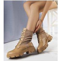 Love Lace Women's Kori Ankle High Worker Sneakers Ribbed Faux Thick Sole in Brown | Size: 5.5
