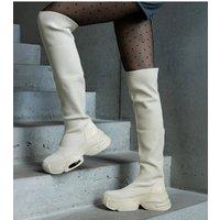 Love Lace Women's Thigh High Slip On Boots Beige Textile Elastic Collar Thick Sole | Size: 6.5