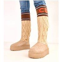 Love Lace Women's Faux Suede Knit Cuff High Upper Snow Boots Warm Platform in Beige | Size: 7.5