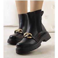Love Lace Women's Pesa High Sole Chain Strap Ankle Boots with Fur Lining Comfort in Black | Size: 5.5