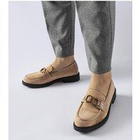 Love Lace Women's Seggiano Suede Buckle Moccasins Slip On with Black Rubber Sole in Beige | Size: 5.5