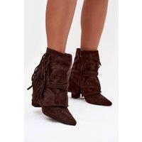 Love Lace Women's Fringe Strap Ankle Boots Pointed Toe Suede Gold Buckle Heel in Brown | Size: 5.5