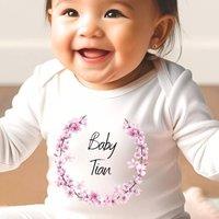 Aye Do Gifts Girl's Personalised Pink Blossom Baby Outfit: Baby Grow in White | Size: 6-12 m