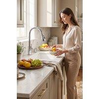 JANLEMNY Kitchen Mixer Tap - Pull-Out Sprayer, 3 Modes & 360 Swivel in Silver | Size: 1000mm x 400mm