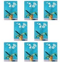 Wee Blue Coo White Orchid Flower Pot Painting Art Cards Pack of 8 Any Occasion, A6 in Blue | Size: 8 pack