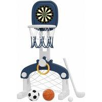 H&O Direct 5-in-1 Kids Basketball Hoop with Basketball, Football, Golf, Ring Toss & Dartboard Playset in Blue