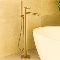 Bathroom Kingdom Redondo Brushed Brass Round Freestanding Bath Tap with Shower Mixer in Gold