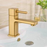 Bathroom Kingdom Quadrado Brushed Brass Square Push Button Basin Mixer Tap in Gold