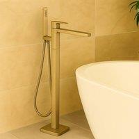 Bathroom Kingdom Quadrado Brushed Brass Square Freestanding Bath Tap with Shower Mixer in Gold