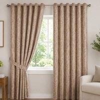Luxury Living Jacquard Leaf Ring Top Curtains - Fully Lined Silk Look in Beige | Size: 168 cm width x 137 cm drop