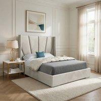 Casani Fairlight Wide Curved Winged Beige Soft Velvet Designer Bed Frame in Cream | Size: King
