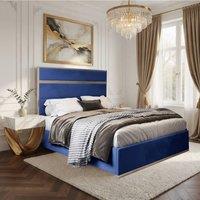 Casani Fladbury Upholstered Soft Velvet Blue Metal Designer Bed Frame | Size: Small Double