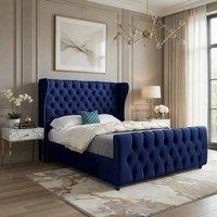 Casani Horley Straight Upholstered Blue Soft Velvet Designer Bed Frame | Size: Super King