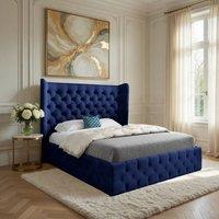 Casani Hutton Wide Winged Upholstered Blue Soft Velvet Designer Bed Frame | Size: Double