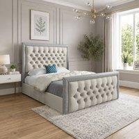 Casani Thorne Glitter Border Upholstered Beige Soft Velvet Designer Bed Frame in Cream | Size: Small Single