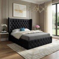 Casani Ickham Wide Winged Upholstered Black Soft Velvet Designer Bed Frame | Size: Small Single