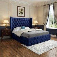 Casani Ickham Wide Winged Upholstered Blue Soft Velvet Designer Bed Frame | Size: Small Single