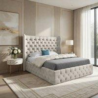 Casani Ickham Wide Winged Upholstered Beige Soft Velvet Designer Bed Frame in Cream | Size: Small Single