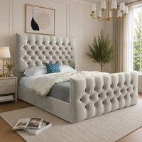 Casani Portmeirion Upholstered Beige Soft Velvet Designer Bed Frame in Cream | Size: Small Single
