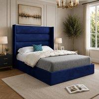 Casani Ramsey Straight Winged Upholstered Blue Soft Velvet Designer Bed Frame | Size: Small Double