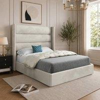 Casani Ramsey Straight Winged Beige Soft Velvet Designer Bed Frame in Cream | Size: Small Double