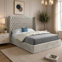 Casani Rousdon Winged Upholstered Beige Soft Velvet Designer Bed Frame in Cream | Size: Super King