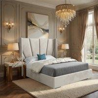 Casani Farleigh Wide Curved Winged Beige Soft Velvet Designer Bed Frame in Cream | Size: Double