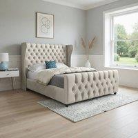 Casani Horsham Straight Upholstered Beige Soft Velvet Designer Bed Frame in Cream | Size: King