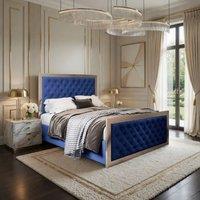 Casani Launceston Upholstered Soft Velvet Blue Metal Designer Bed Frame | Size: Small Double