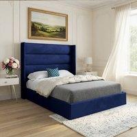 Casani Ranskill Straight Winged Blue Soft Velvet Designer Bed Frame | Size: Single