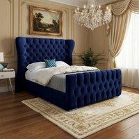 Casani Reydon Wide Curved Winged Blue Soft Velvet Designer Bed Frame | Size: King