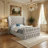 Casani Reydon Wide Curved Winged Beige Soft Velvet Designer Bed Frame in Cream | Size: Small Single