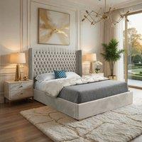 Casani Rowledge Winged Upholstered Beige Soft Velvet Designer Bed Frame in Cream | Size: Small Double