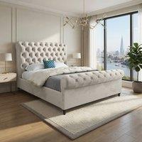 Casani Stourpaine Sleigh Upholstered Beige Soft Velvet Designer Bed Frame in Cream | Size: Small Double